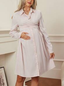 SHEIN Maternity Casual Commuter Striped Front Button Nursing Dress - Khaki - View 5