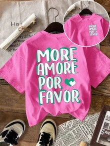 DrmWander 女士休闲标语和心形印花圆领落肩短袖 T 恤，夏季 - 玫紅色 - 查看 4