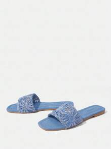 Styleloop Women's Flat Woven Sandals, Bohemian Style For Vacation Outfit - Blue - View 3