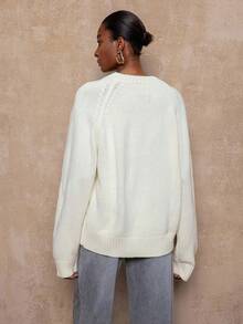 SHEIN Privé VITNOS Women's Elegant Beaded Faux Pearl Decor Pullover Cable Knit Sweater,Off-White Autumn Tea Party Holiday Vacation Chic Luxury French Elegance - Apricot - View 3