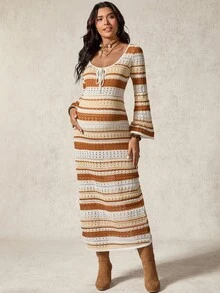 Boho Mama Pregnant Women's Striped Front Tie Long Sleeve Hollow Out Knit Dress - Multicolor - View 7