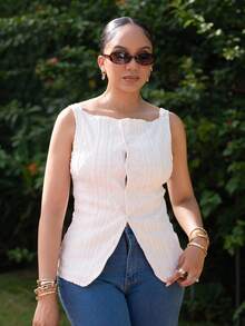 Melissa Matos Áo sơ mi nữ không tay họa tiết hình học cài một hàng khuy đơn giản - Màu be - Xem 1