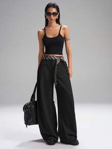 LYSMO 2025 女士休闲黑色宽松喇叭裤配条纹腰带