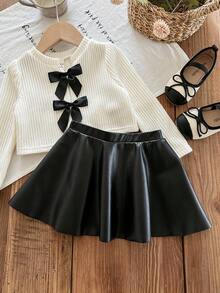 LMoss Kids LMoss 女婴两件套，包括一件纯色针织圆领T恤和一条PU皮裙。女婴两件套，女童两件套服装，女婴蝴蝶结套装，两件套女婴服装，女婴两件套，秋季服装，秋季套装，女婴秋季服装，秋季套装，女婴冬季秋季服装。