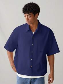 SWAVVY 男士休闲日常年轻英伦图案宽松短袖 Polo 衫 - 藏蓝色 - 查看 2