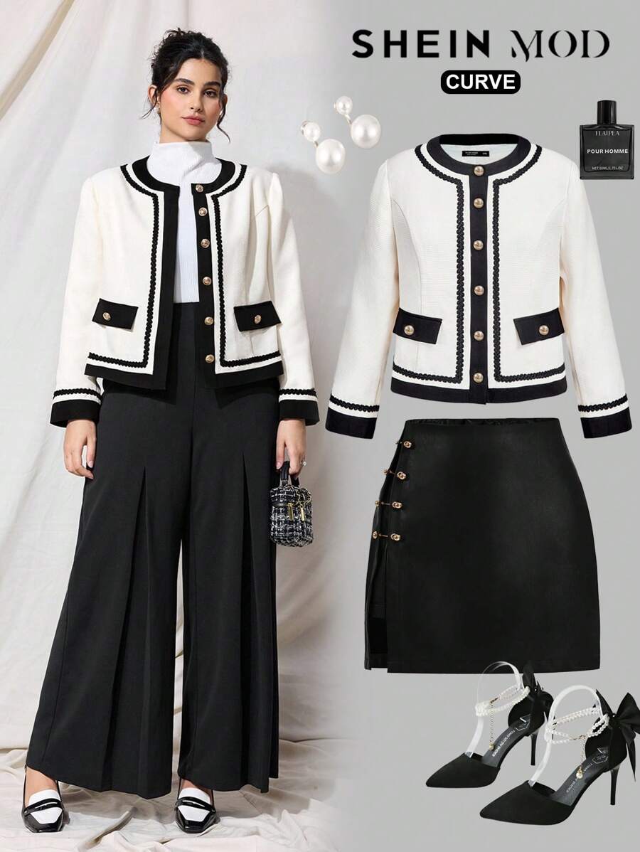 SHEIN MOD Plus Size Contrast Color Trim Tweed Jacket, Thin Outerwear, Beige,Fall Outfits,Black And White Color Matching,Small Fragrant Tweed Jacket,Business Professional Women,Winter Women Coat Autumn