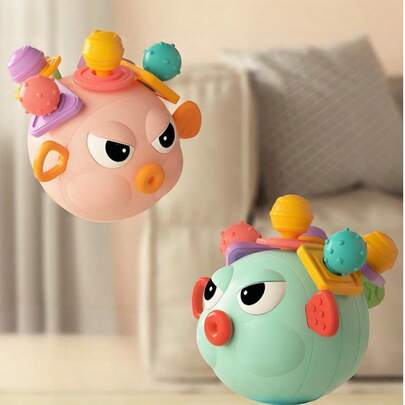 Zazumi 1 个 4.13*3.74 英寸耐咬易抓感官牙胶球，彩色曼哈顿玩具，可爱河豚形状，益智游戏必备学习玩具，感官游戏精细运动技能