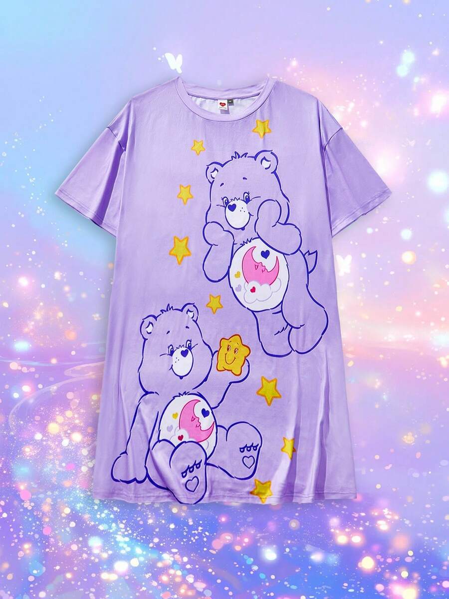 SHEIN X Care Bears 加大码可爱卡通熊星星印花圆领短袖睡裙 - 紫色 - 查看 1