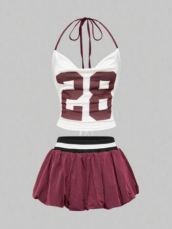 ROMWE Avant Conjunto casual de 2 piezas de top de tirantes con cuello drapeado y estampado numérico, y minifalda