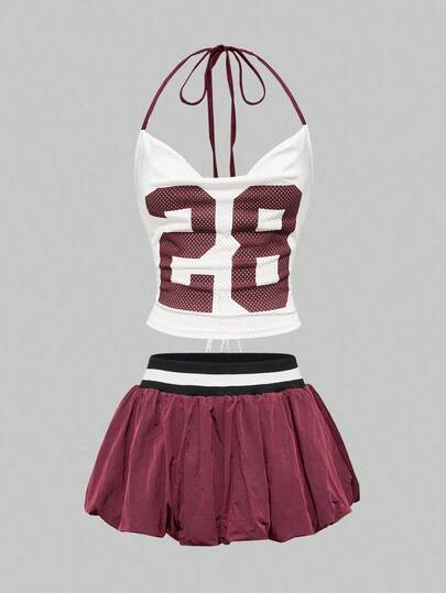 ROMWE Avant Damen Numerik-Muster Drapierter Ausschnitt Trägertop und Mini-Rock Lässig 2-Teiler Set