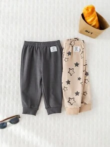 Cozy Pixies Set de 2 pantalones elásticos de cintura suave con estampado de estrellas y osos para bebé niño - Caqui - Ver 4