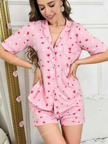 EURMUSE Bộ đồ ngủ mặc nhà cotton 2 mảnh màu tương phản chi tiết viền nút phía trước chi tiết áo sơ mi tay ngắn và quần short - Hồng - Xem 1