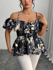 Elenzga Plus Size Elegant Off Shoulder Ruffle Hem A-Line Blouse, Spring/Summer - Black - View 4