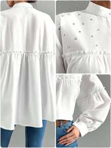 100% 纯棉女士优雅纯色立领灯笼袖衬衫，荷叶边饰边，水钻装饰和褶皱，春夏季 - 白色 - 查看 5