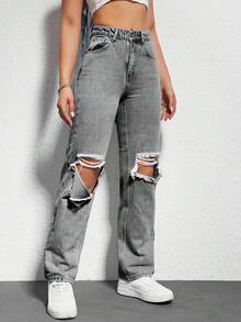 EURMUSE Blugi denim versatili, stil vară, stil distressed, cu talie medie pentru femei - Gri - Vizualizare 3
