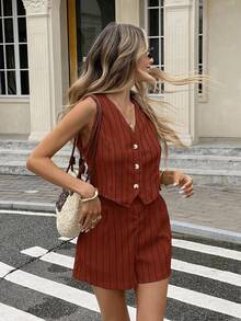 Serisse 女士秋冬条纹单排扣背心短裤套装