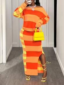 BamGleam 女式休闲条纹宽松上衣和条纹开衩下摆裙套装 - 香檳色 - 查看 6