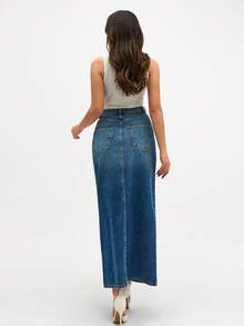 Váy midi denim dáng suông rộng rãi, thoải mái, có túi dành cho nữ, chân váy, váy ngắn - Xanh đậm - Xem 2