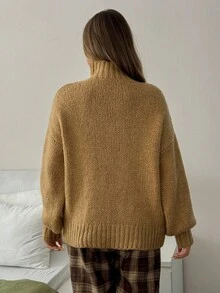 EURMUSE Women's Solid Color Minimalist Turtleneck Long Sleeve Cable Knit Sweater Brown Sweater Brown Knit Set Sweater Set,Jumper,Cream Jumper,Jumpers,Christmas Jumper,White Jumper,Black Jumper,Ladies Jumper,Women's Jumpers - Camel - View 4