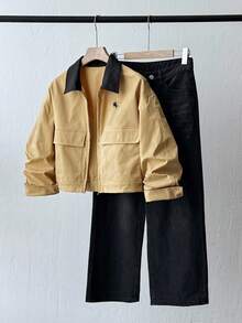 女式卡其色长袖夹克外套，户外休闲拉链开衫，秋季 - 卡其色 - 查看 9