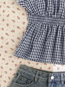 CovetEZ Navy Blue & White Plaid Woven Blouse For Women - Navy Blue - View 4