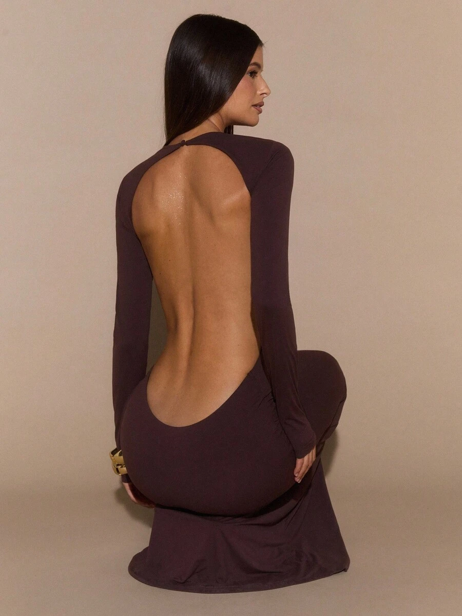 SHEIN BAE 纯棕色长袖性感露背修身优雅加长美人鱼连衣裙，优雅连衣裙，秋冬加长针织连衣裙衬里 - 棕色 - 查看 1