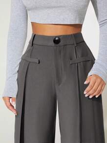 SHEIN PETITE 實色縫線前開衩寬褲 - 灰色 - 查看 5
