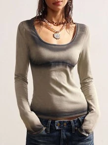 Bohemela 波西米亚风复古做旧休闲纯色针织圆领长袖修身女式T恤 - 灰色 - 查看 6