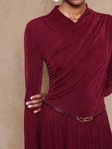 Lumalex VITNOS Autumn/Winter New Women's Elegant Burgundy Crossover Neck Glitter Chiffon Ruched Waist Design Metallic Leather Belt Decor Long Sleeve Fitted Flared Dress, Spring/Autumn Burgundy Long Sleeve Maxi Dress Wine Red Maxi Dress Red Long Sleeve Formal Dress Burgundy Formal Dress Long Red Elegant Dress Autumn Outfit, Suitable For Concerts, Dates, Weddings, Parties, Birthday, Night Out