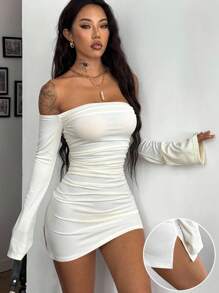 Coolane 女式白色针织露肩修身连衣裙 - 白色 - 查看 3