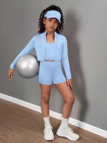 SHEIN 3 件套青少年女孩长袖拉链立领 T 恤、背心和紧身裤运动套装淡蓝色套装蓝色套装 - 藍色 - 查看 6