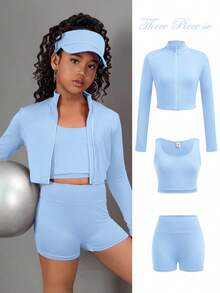 SHEIN 3 件套青少年女孩长袖拉链立领 T 恤、背心和紧身裤运动套装淡蓝色套装蓝色套装 - 藍色 - 查看 4