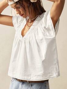 Bohemela 纯色V领宽松女式衬衫 - 白色 - 查看 6