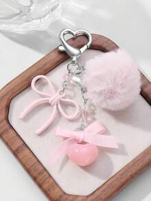 ROMWE Kawaii 1pc Elegant Sweet Minimalist Fashion Collegiate Style Faux Pearl Resin Heart Chain Ribbon Acrylic Bow Pom-Pom DIY Keychain Bag Charm, Suitable For Women, Daily Wear, Holiday Gift - Pink - View 7