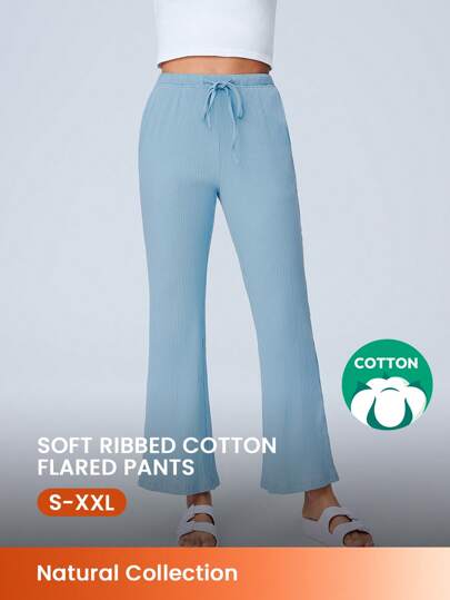 LUVLETTE 女士迷雾森林风格蓝色柔软罗纹棉质喇叭睡裤内衣可作为外套舒适居家裤带口袋也适合少女和儿童