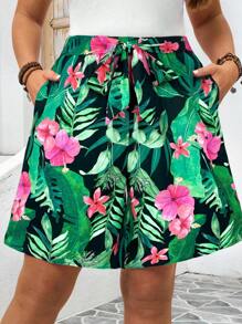 BrightlyHer 彩色热带植物印花高腰系带蝴蝶结口袋波西米亚风宽松百慕大短裤，适合春夏季，加大码 - 彩色 - 查看 3