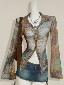 SHEIN ICON Áo thun nữ tay loe in họa tiết cây nhiệt đới phong cách miền Tây cổ điển Boho thời trang mùa thu - Nhiều màu - Xem 3
