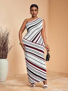 Veslaya Vestido maxi ajustado de punto asimétrico con hombros y rayas, ideal para mujer talla grande en primavera/verano 2025 - Estilo vintage, tropical, festival de música, club, viaje por carretera, casual, vacaciones en la ciudad, graduación, vacaciones elegantes - B - Blanco y Negro - Ver 5