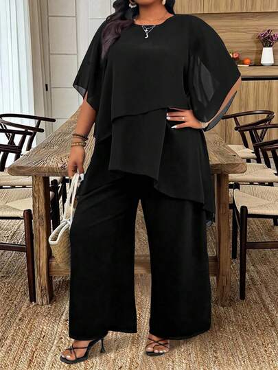 SHEIN CURVE+ Elegant Black Plus Size Pantsuit For Women With Round Neck And Flowing Half Sleeves