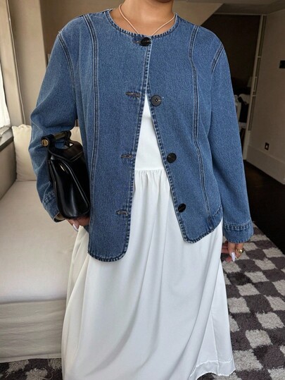 Dripcurv Plus Size Women's Casual Button-Up Long Sleeve Denim Jacket,Washed Bleached Denim Panelled Jacket Jacket Only Fall Autumn Old Money Cute Country Cottage Core Back To School Casual For Women Butterscotch,Winter,Fall ,Autumn,Halloween,Christmas ,New Year,Thanksgiving, Party Plus Size Denim Jackets,Christmas,Halloween