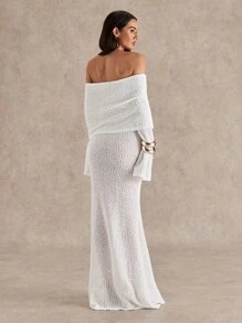 Glamine Váy dạ hội gợi cảm cho nữ, thời trang gợi cảm, màu trơn, bán trong suốt, tay dài một bên vai, váy len maxi, màu trắng - trắng - Xem 2