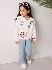 年轻女孩心形和花卉印花长袖拉链休闲连帽夹克 - 彩色 - 查看 3