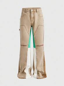 ROMWE MEN Street Life Men's Casual Patchwork Contrast Color Flared Jeans - Khaki - View 1