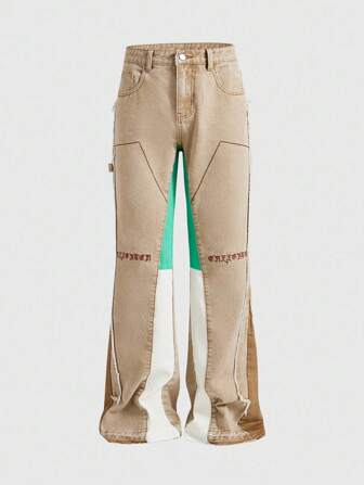 Street Life Jeans acampanados casuales de hombre con parches y contraste de color