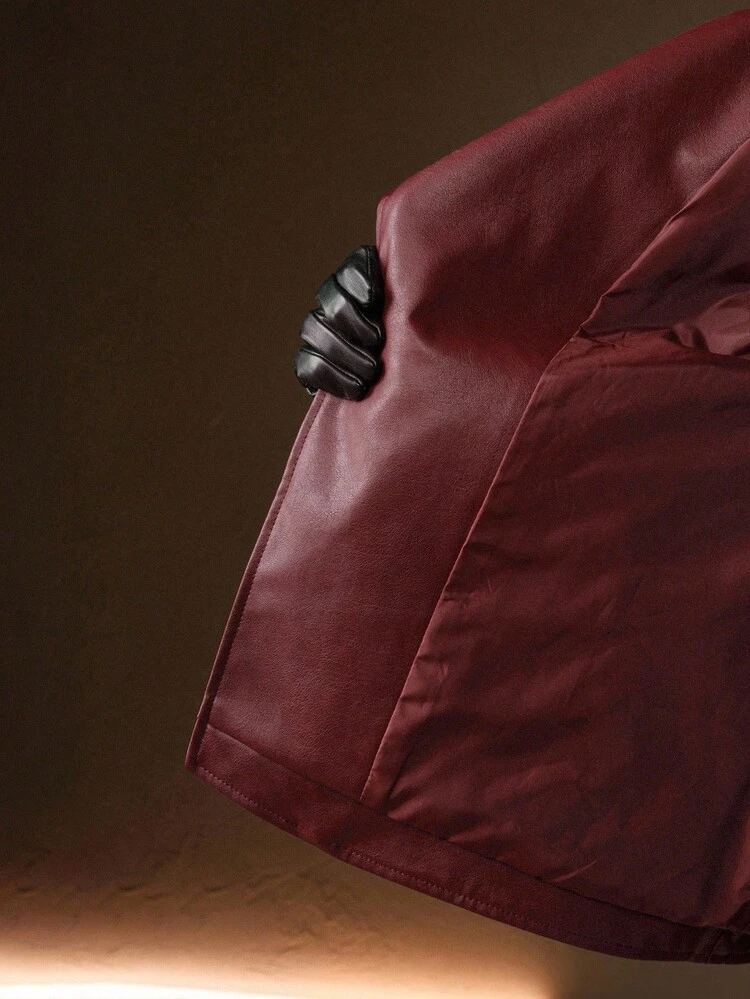 Women's Solid Color Long Sleeve PU Leather Zipper Front Casual Motorcycle Jacket