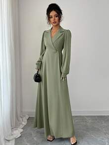 Selianne 女式束腰无袖 A 字形拉链度假波西米亚风优雅翻领连衣裙，女士优雅服装，秋冬连衣裙，外出连衣裙，秋季女装，冬季朴素女装 - 綠色 - 查看 4