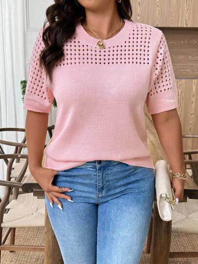 Breezaya Plus Size Casual Hollow Out Round Neck Short Sleeve Tops