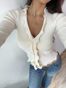 Sunnyshic 白色波浪荷叶边休闲修身女式针织上衣 - 米色 - 查看 5