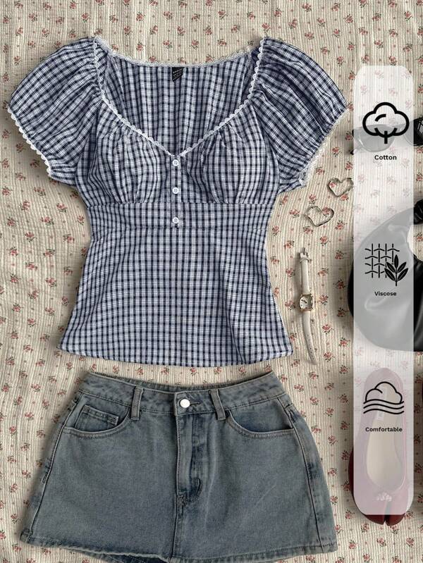 CovetEZ Navy Blue & White Plaid Woven Blouse For Women