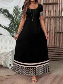 EMERY ROSE 女士几何条纹印花短袖优雅中长连衣裙，适合度假 - 黑色 - 查看 2